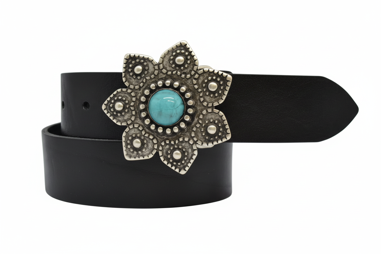 Cintura in Cuoio Modello Fiore con turchese centrale cm 4 - La Bottega Della Cintura